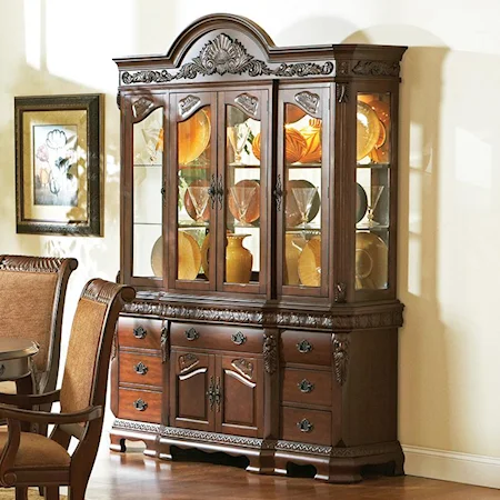 Traditional Carved Trim China Cabinet with Storage